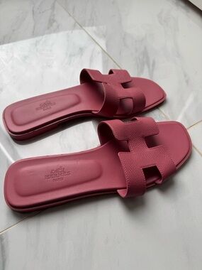Authentic Hermes Pink Leather H Slide Sandals
